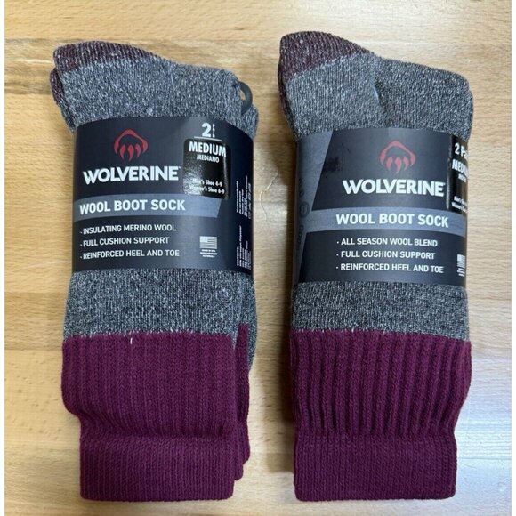Wolverine Women's Wool Boot Socks sz M 6-9 MAROON Lot of 2 pks   4 Pairs Total - Picture 1 of 5